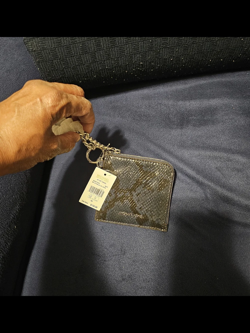 Michael Kors Navy Blue Snakeskin Patent Card Holder Wallet with Chain NWT